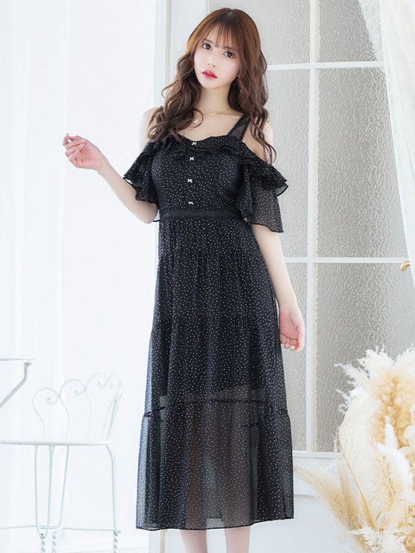 画像2: XS-Lサイズあり【SETTAN/セッタン】ドット/ オフショル/ フリルスリーブ/ ミモレ丈/ ワンピース/ ミニドレス/ キャバドレス[OF2] (2)