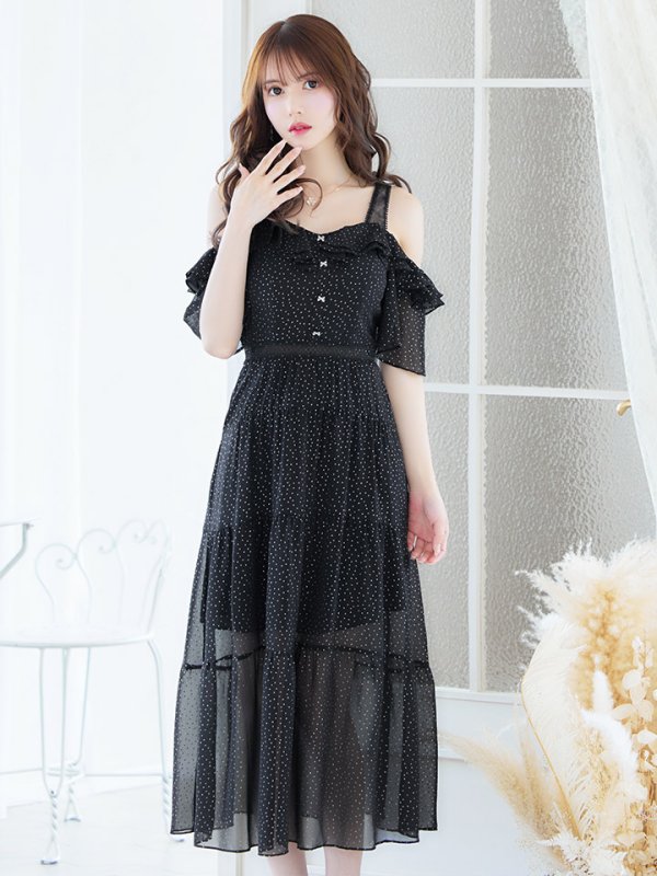 画像3: XS-Lサイズあり【SETTAN/セッタン】ドット/ オフショル/ フリルスリーブ/ ミモレ丈/ ワンピース/ ミニドレス/ キャバドレス[OF2] (3)