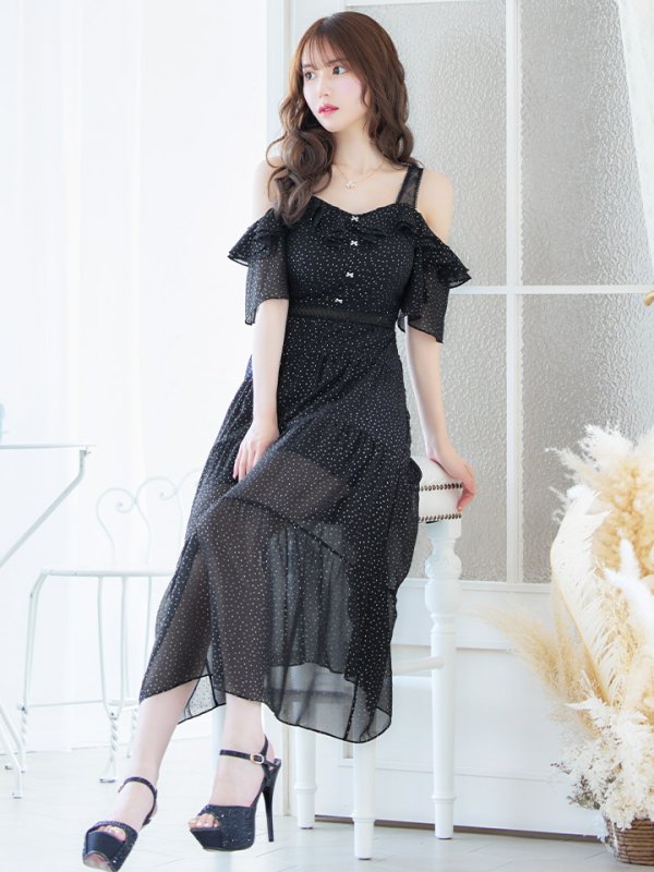 画像4: XS-Lサイズあり【SETTAN/セッタン】ドット/ オフショル/ フリルスリーブ/ ミモレ丈/ ワンピース/ ミニドレス/ キャバドレス[OF2] (4)