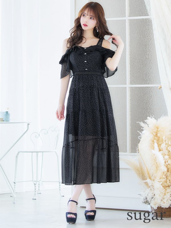 画像7: XS-Lサイズあり【SETTAN/セッタン】ドット/ オフショル/ フリルスリーブ/ ミモレ丈/ ワンピース/ ミニドレス/ キャバドレス[OF2] (7)