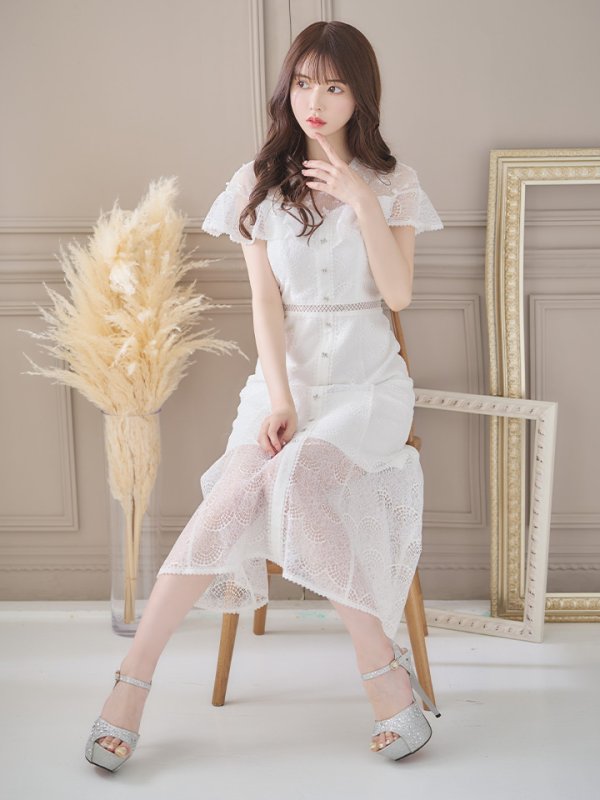 画像4: 【SETTAN/セッタン】総レース/ ショートスリーブ/ フリル/ Aライン/ ひざ丈/ 袖あり/ ミディアム丈/ ワンピース/ フレアミニドレス/ キャバドレス[OF2] (4)