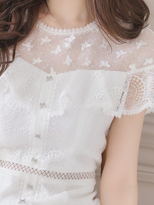 画像6: 【SETTAN/セッタン】総レース/ ショートスリーブ/ フリル/ Aライン/ ひざ丈/ 袖あり/ ミディアム丈/ ワンピース/ フレアミニドレス/ キャバドレス[OF2] (6)