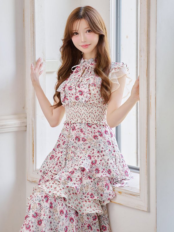 画像5: XS-Lサイズあり【SETTAN/セッタン】ティアードフリル/ ハイネック/ ノースリーブ/ 膝丈/ Aライン/ フレア/ ワンピース/ ミディアムドレス/ キャバドレス[OF2] (5)