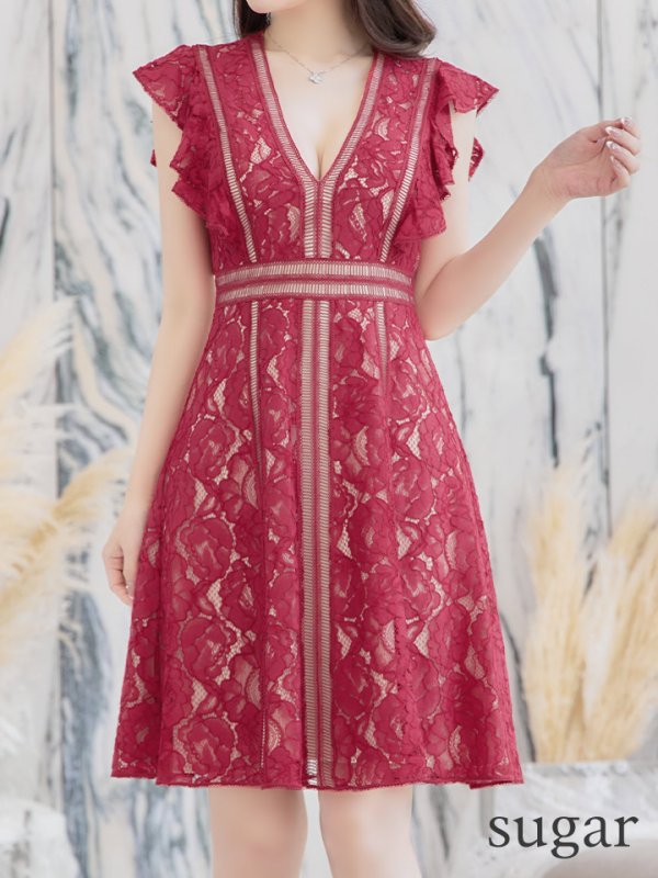 画像36: 【SETTAN/セッタン】総レース/ Vネック/ Aライン/ フリル袖/ 袖あり/ ミディアム丈/ ワンピース/ ミニドレス/ キャバドレス[OF2] (36)