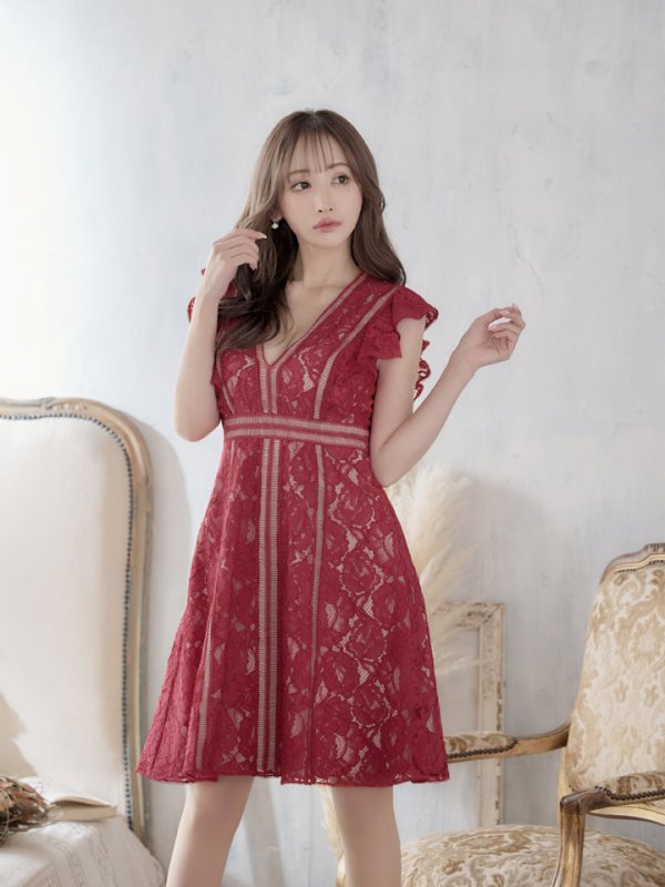 画像6: 【SETTAN/セッタン】総レース/ Vネック/ Aライン/ フリル袖/ 袖あり/ ミディアム丈/ ワンピース/ ミニドレス/ キャバドレス[OF2] (6)