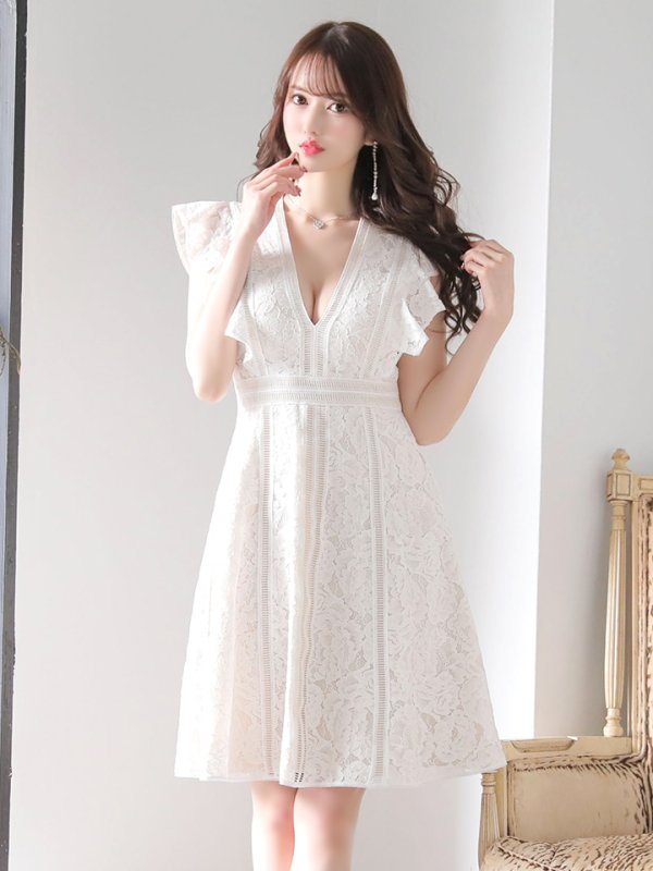 画像34: 【SETTAN/セッタン】総レース/ Vネック/ Aライン/ フリル袖/ 袖あり/ ミディアム丈/ ワンピース/ ミニドレス/ キャバドレス[OF2] (34)