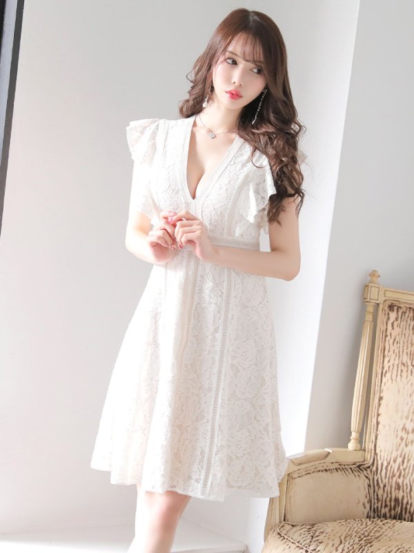 画像35: 【SETTAN/セッタン】総レース/ Vネック/ Aライン/ フリル袖/ 袖あり/ ミディアム丈/ ワンピース/ ミニドレス/ キャバドレス[OF2] (35)