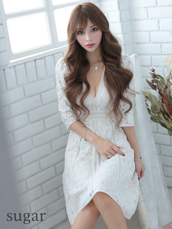 画像2: 門りょうちゃん着用【XS-Lサイズあり】【SETTAN/セッタン】総レース/ 袖あり/ 七分袖/ Vネック/ Aライン/ ミディアム丈/ ワンピース/ ミニドレス/ キャバドレス[OF2] (2)