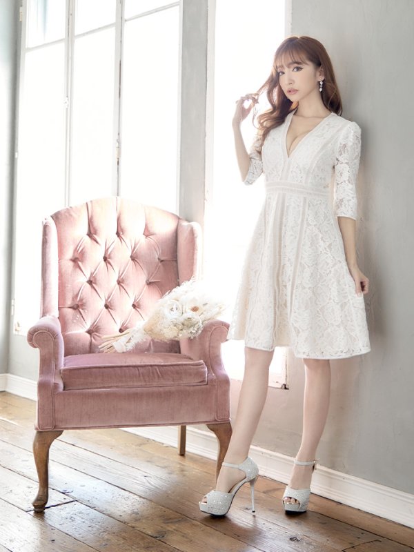 画像2: 【XS-Lサイズあり】【SETTAN/セッタン】総レース/ 袖あり/ 七分袖/ Vネック/ Aライン/ ミディアム丈/ ワンピース/ ミニドレス/ キャバドレス[OF2] (2)