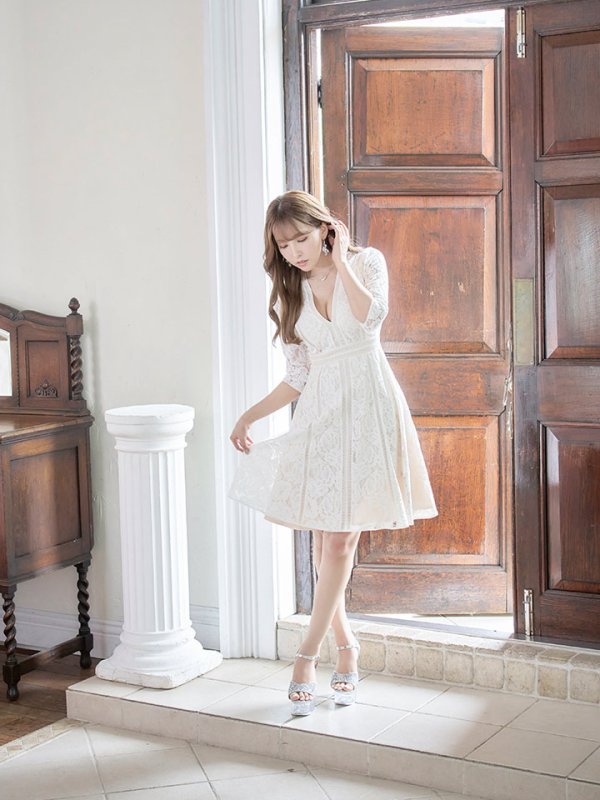 画像11: 【XS-Lサイズあり】【SETTAN/セッタン】総レース/ 袖あり/ 七分袖/ Vネック/ Aライン/ ミディアム丈/ ワンピース/ ミニドレス/ キャバドレス[OF2] (11)