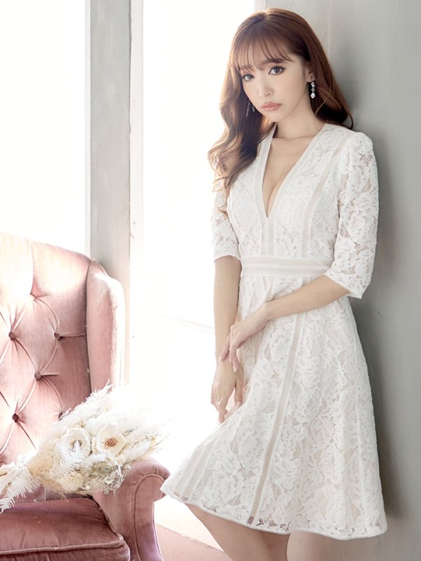 画像3: 【XS-Lサイズあり】【SETTAN/セッタン】総レース/ 袖あり/ 七分袖/ Vネック/ Aライン/ ミディアム丈/ ワンピース/ ミニドレス/ キャバドレス[OF2] (3)