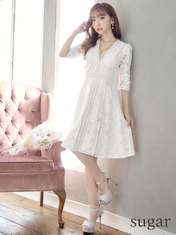 画像7: 【XS-Lサイズあり】【SETTAN/セッタン】総レース/ 袖あり/ 七分袖/ Vネック/ Aライン/ ミディアム丈/ ワンピース/ ミニドレス/ キャバドレス[OF2] (7)