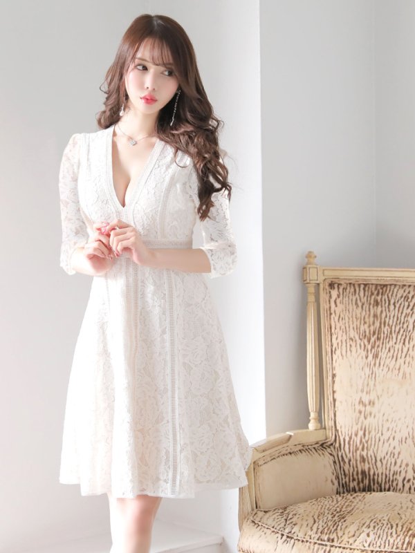 画像4: 【XS-Lサイズあり】【SETTAN/セッタン】総レース/ 袖あり/ 七分袖/ Vネック/ Aライン/ ミディアム丈/ ワンピース/ ミニドレス/ キャバドレス[OF2] (4)