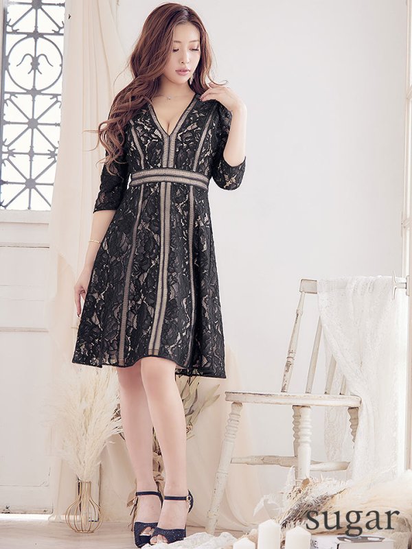 画像7: 【XS-Lサイズあり】【SETTAN/セッタン】総レース/ 袖あり/ 七分袖/ Vネック/ Aライン/ ミディアム丈/ ワンピース/キャバドレス[OF2] (7)