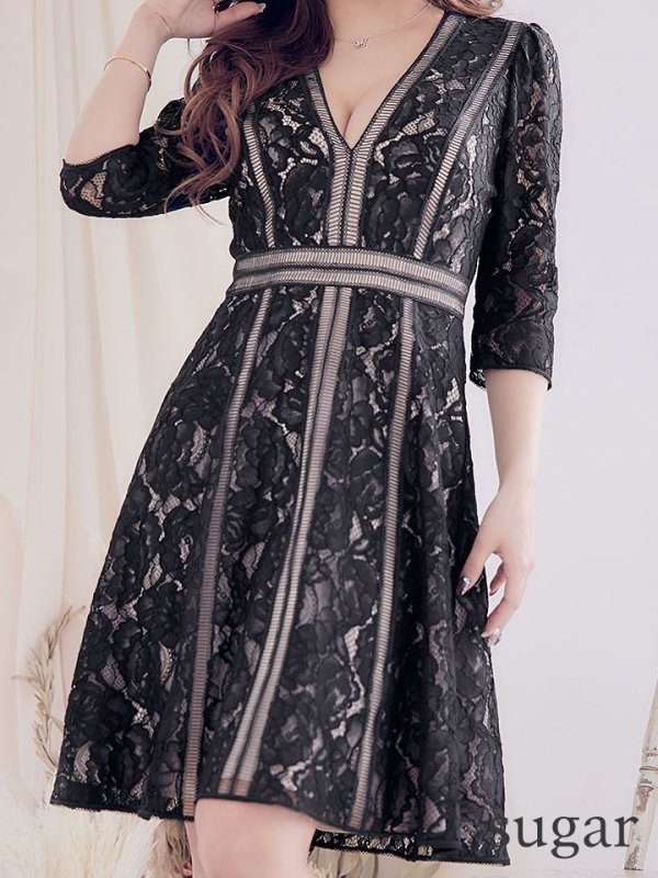 画像8: 【XS-Lサイズあり】【SETTAN/セッタン】総レース/ 袖あり/ 七分袖/ Vネック/ Aライン/ ミディアム丈/ ワンピース/キャバドレス[OF2] (8)