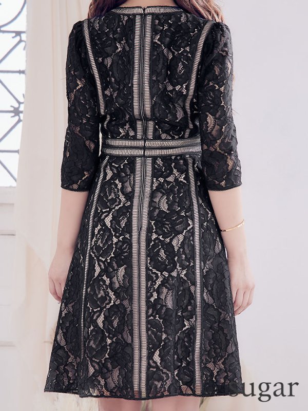 画像9: 【XS-Lサイズあり】【SETTAN/セッタン】総レース/ 袖あり/ 七分袖/ Vネック/ Aライン/ ミディアム丈/ ワンピース/キャバドレス[OF2] (9)