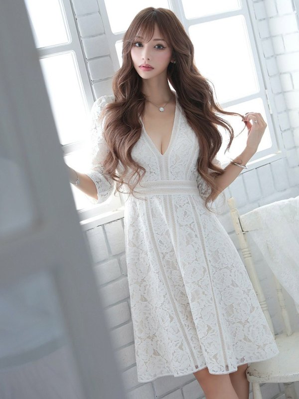 画像6: 門りょうちゃん着用【XS-Lサイズあり】【SETTAN/セッタン】総レース/ 袖あり/ 七分袖/ Vネック/ Aライン/ ミディアム丈/ ワンピース/ ミニドレス/ キャバドレス[OF2] (6)