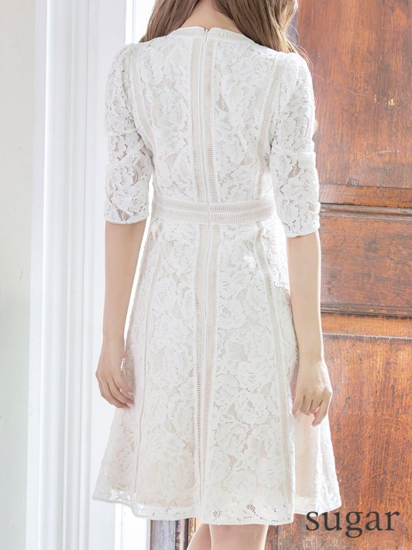 画像9: 【XS-Lサイズあり】【SETTAN/セッタン】総レース/ 袖あり/ 七分袖/ Vネック/ Aライン/ ミディアム丈/ ワンピース/ ミニドレス/ キャバドレス[OF2] (9)