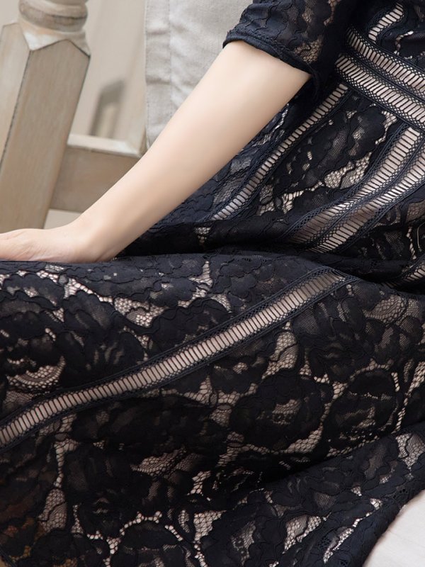 画像2: 【XS-Lサイズあり】【SETTAN/セッタン】総レース/ 袖あり/ 七分袖/ Vネック/ Aライン/ ミディアム丈/ ワンピース/ ミニドレス/ キャバドレス[OF2] (2)