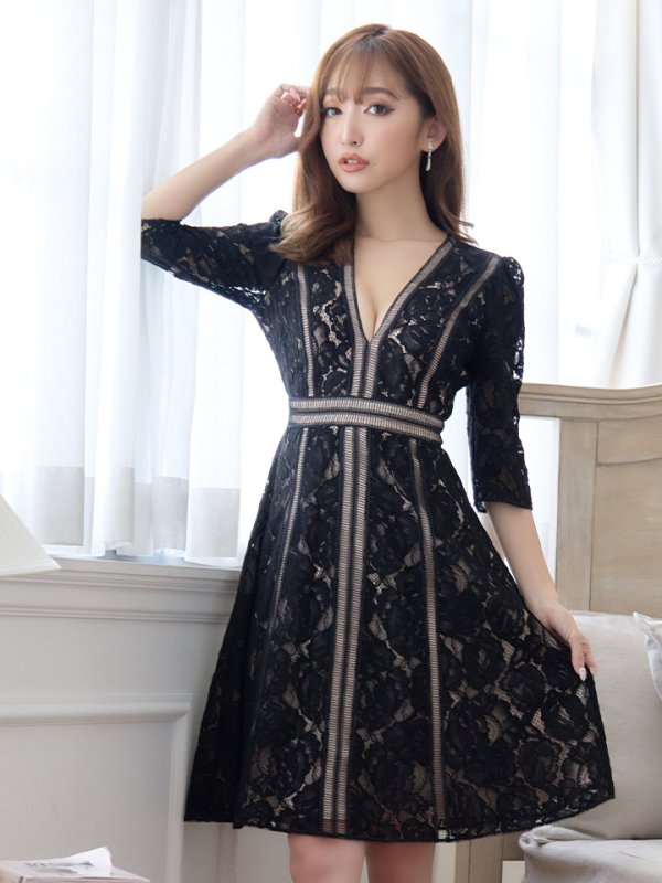 画像4: 【XS-Lサイズあり】【SETTAN/セッタン】総レース/ 袖あり/ 七分袖/ Vネック/ Aライン/ ミディアム丈/ ワンピース/ ミニドレス/ キャバドレス[OF2] (4)