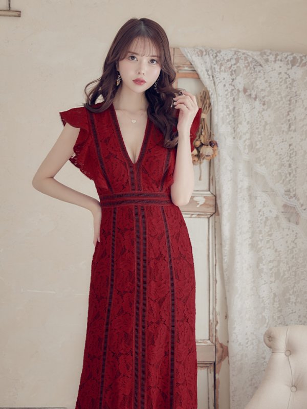 画像4: 【SETTAN/セッタン】総レース/ Vネック/ Aライン/ ワンピース/ ロングドレス/ キャバドレス long[OF2] (4)