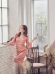 画像2: XS-Lサイズあり【SETTAN/セッタン】フラワーレース/ ベルスリーブ/ 七分袖/ 長袖/ Vネック/ ミディアム丈/ ワンピース/ タイト/ キャバドレス オレンジ[OF2] (2)