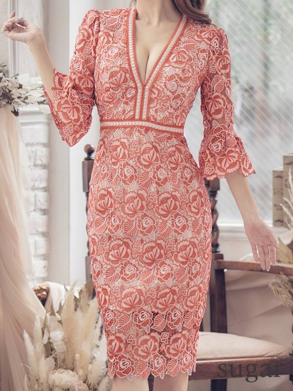 画像16: XS-Lサイズあり【SETTAN/セッタン】フラワーレース/ ベルスリーブ/ 七分袖/ 長袖/ Vネック/ ミディアム丈/ ワンピース/ タイト/ キャバドレス[OF2] (16)