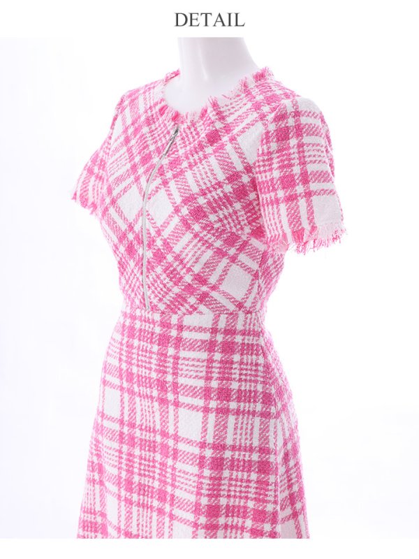 画像17: XS-Lサイズあり【SETTAN/セッタン】ツイード/ 半袖/ 袖あり/ フロントジップ/ ワンピース/ ミディアム/ミニドレス/ キャバドレス[OF2] (17)