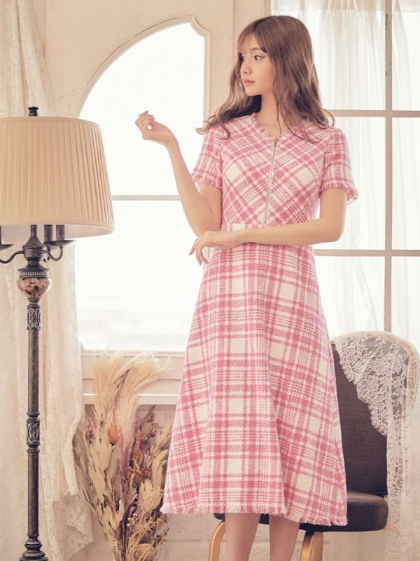 画像2: XS-Lサイズあり【SETTAN/セッタン】ツイード/ 半袖/ 袖あり/ フロントジップ/ ワンピース/ ミディアム/ミニドレス/ キャバドレス[OF2] (2)