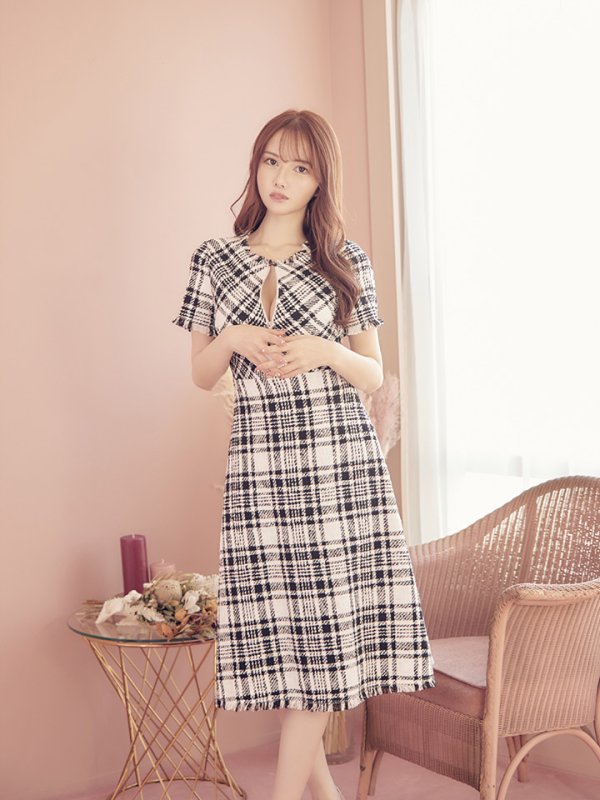 画像11: XS-Lサイズあり【SETTAN/セッタン】ツイード/ 半袖/ 袖あり/ フロントジップ/ ワンピース/ ミディアム/ミニドレス/ キャバドレス[OF2] (11)