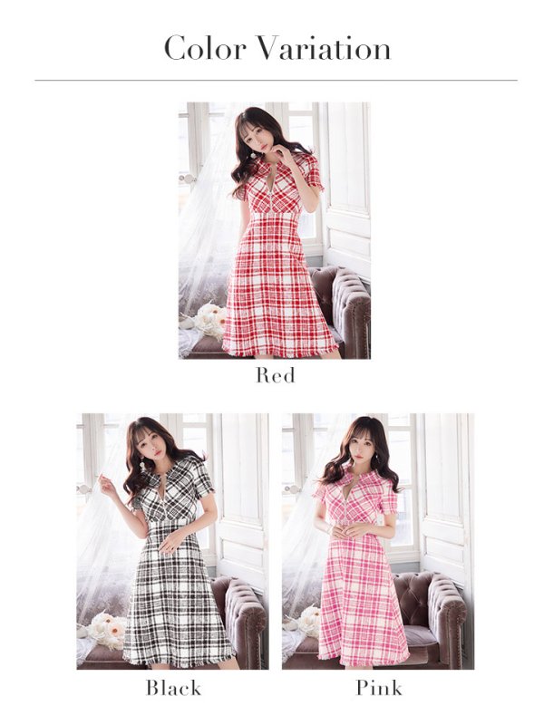 画像17: XS-Lサイズあり【SETTAN/セッタン】ツイード/ 半袖/ 袖あり/ フロントジップ/ ワンピース/ ミディアム/ミニドレス/ キャバドレス[OF2] (17)