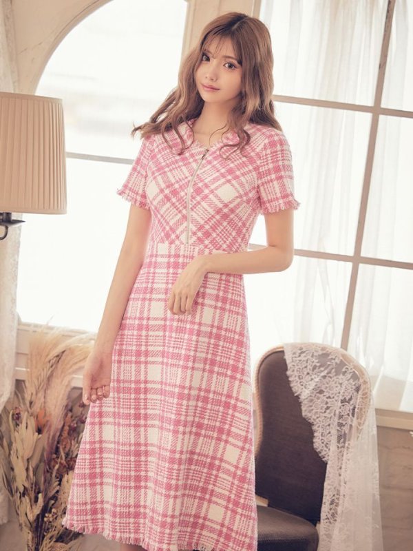 画像4: XS-Lサイズあり【SETTAN/セッタン】ツイード/ 半袖/ 袖あり/ フロントジップ/ ワンピース/ ミディアム/ミニドレス/ キャバドレス[OF2] (4)