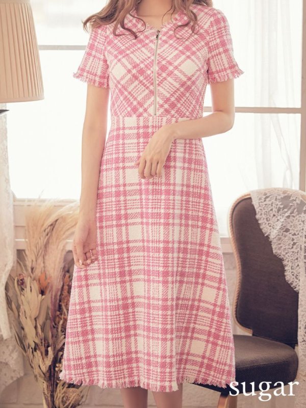 画像8: XS-Lサイズあり【SETTAN/セッタン】ツイード/ 半袖/ 袖あり/ フロントジップ/ ワンピース/ ミディアム/ミニドレス/ キャバドレス[OF2] (8)