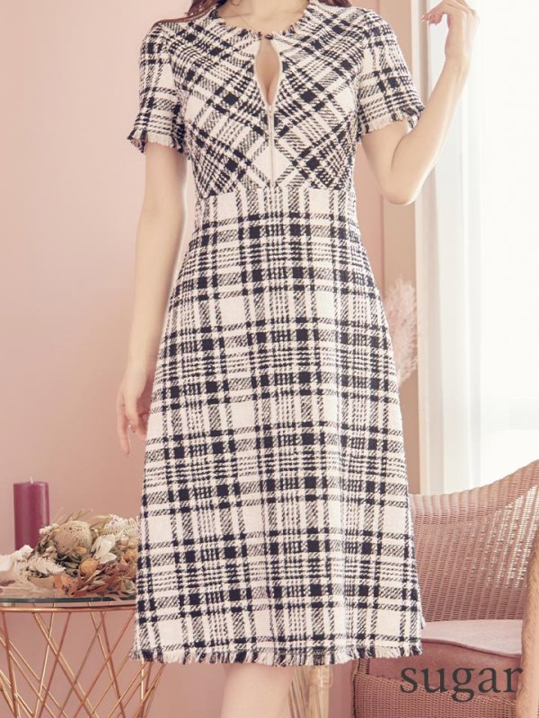 画像10: XS-Lサイズあり【SETTAN/セッタン】ツイード/ 半袖/ 袖あり/ フロントジップ/ ワンピース/ ミディアム/ミニドレス/ キャバドレス[OF2] (10)