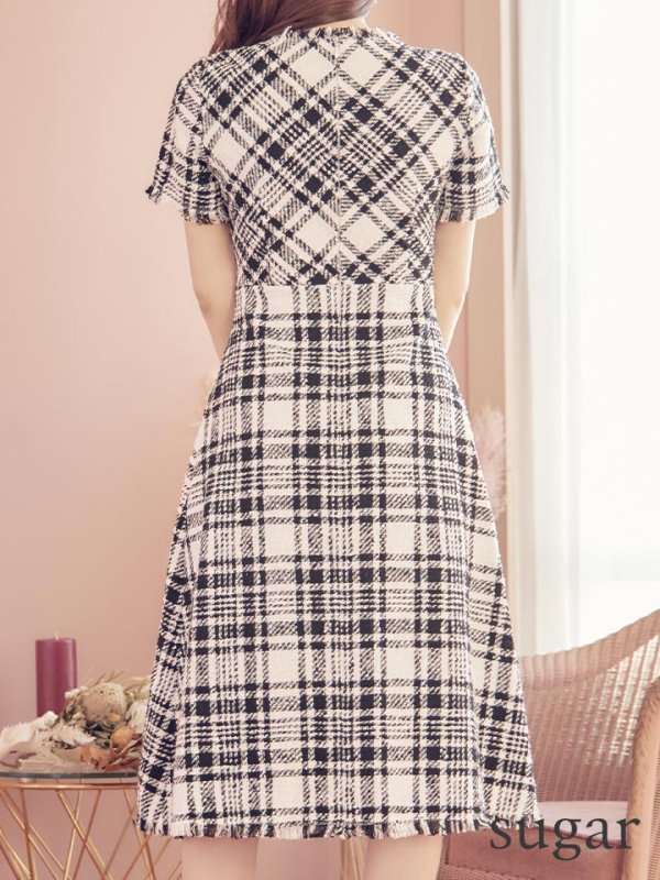 画像11: XS-Lサイズあり【SETTAN/セッタン】ツイード/ 半袖/ 袖あり/ フロントジップ/ ワンピース/ ミディアム/ミニドレス/ キャバドレス[OF2] (11)