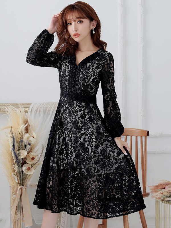 画像2: XS-Lサイズあり【SETTAN/セッタン】総レース/ Vネック/ 長袖/ 袖あり/ Aライン/ ミディアム丈/ ワンピース/ キャバドレス[OF2] (2)