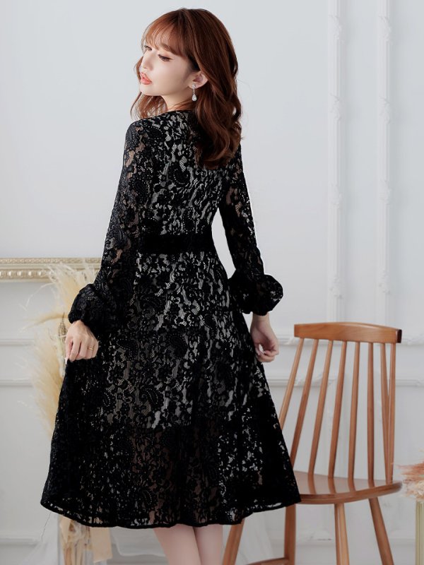画像3: XS-Lサイズあり【SETTAN/セッタン】総レース/ Vネック/ 長袖/ 袖あり/ Aライン/ ミディアム丈/ ワンピース/ キャバドレス[OF2] (3)