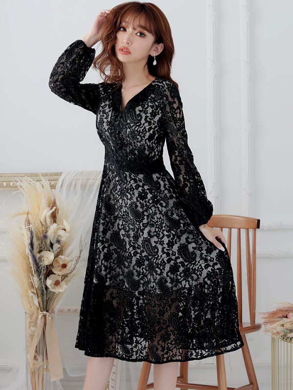 画像4: XS-Lサイズあり【SETTAN/セッタン】総レース/ Vネック/ 長袖/ 袖あり/ Aライン/ ミディアム丈/ ワンピース/ キャバドレス[OF2] (4)