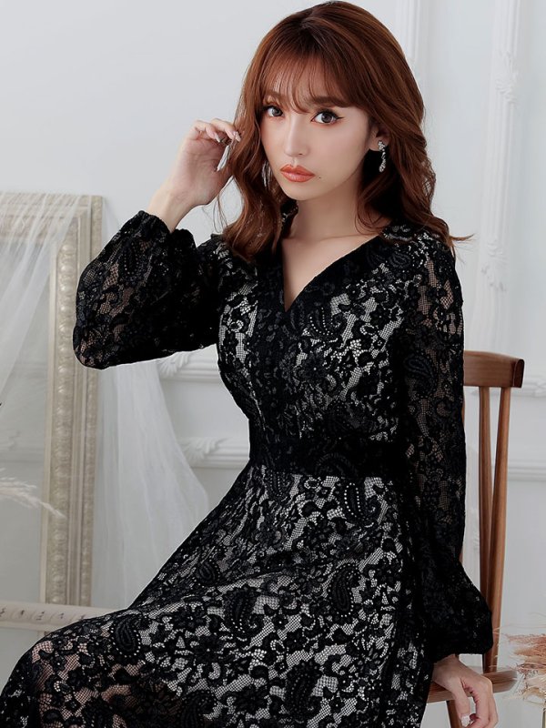 画像6: XS-Lサイズあり【SETTAN/セッタン】総レース/ Vネック/ 長袖/ 袖あり/ Aライン/ ミディアム丈/ ワンピース/ キャバドレス[OF2] (6)