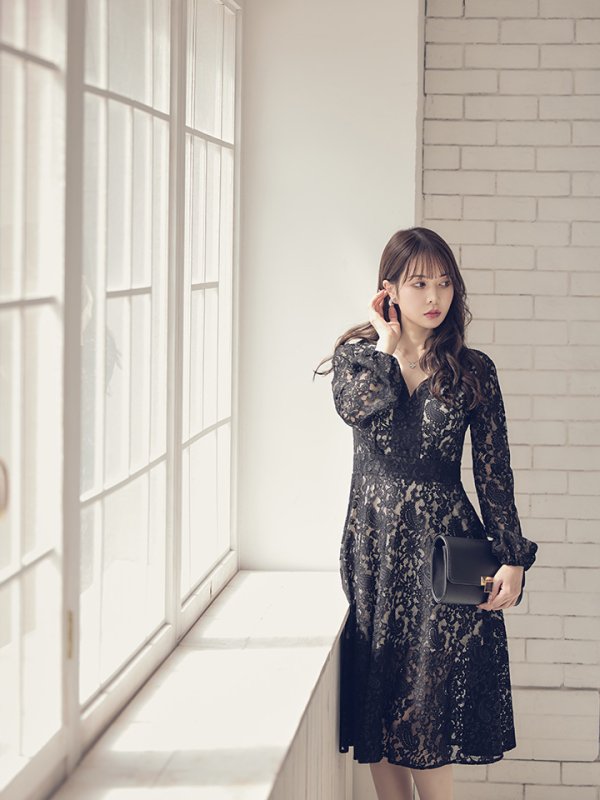 画像2: XS-Lサイズあり【SETTAN/セッタン】総レース/ Vネック/ 長袖/ 袖あり/ Aライン/ ミディアム丈/ ワンピース/ キャバドレス[OF2] (2)