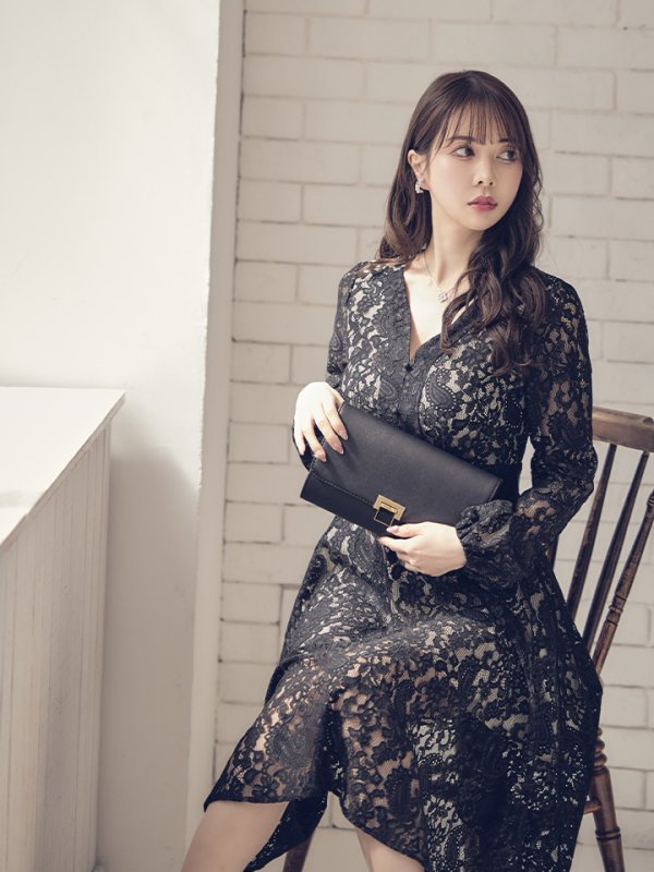 画像5: XS-Lサイズあり【SETTAN/セッタン】総レース/ Vネック/ 長袖/ 袖あり/ Aライン/ ミディアム丈/ ワンピース/ キャバドレス[OF2] (5)
