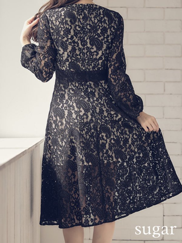画像8: XS-Lサイズあり【SETTAN/セッタン】総レース/ Vネック/ 長袖/ 袖あり/ Aライン/ ミディアム丈/ ワンピース/ キャバドレス[OF2] (8)