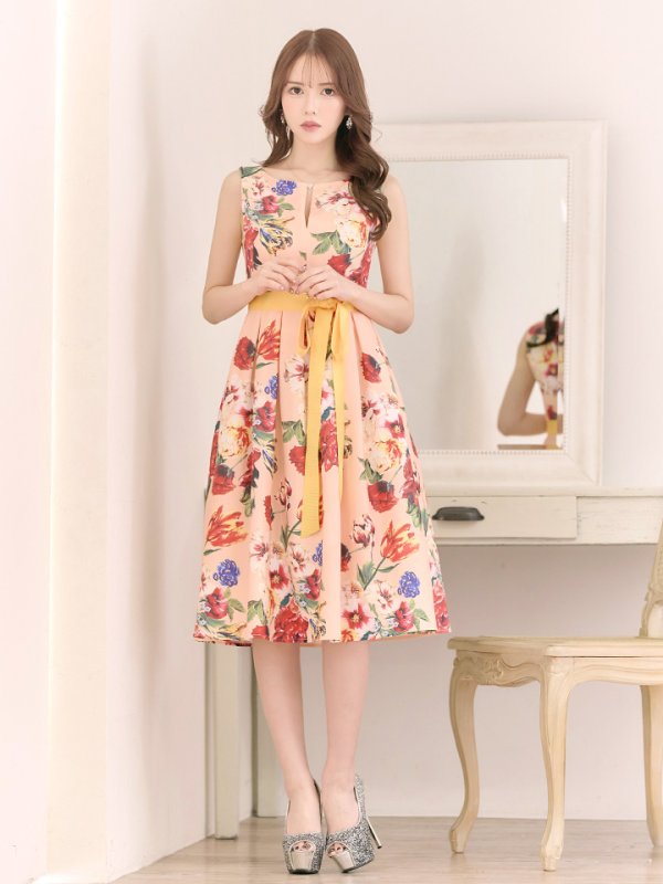 画像2: XS-Lサイズあり【SETTAN/セッタン】フラワープリント/ リボンベルト/ バストカットデザイン/ ノースリーブ/ Aライン/ フレア/ ミディアム丈/ ワンピース/ キャバドレス[OF2] (2)