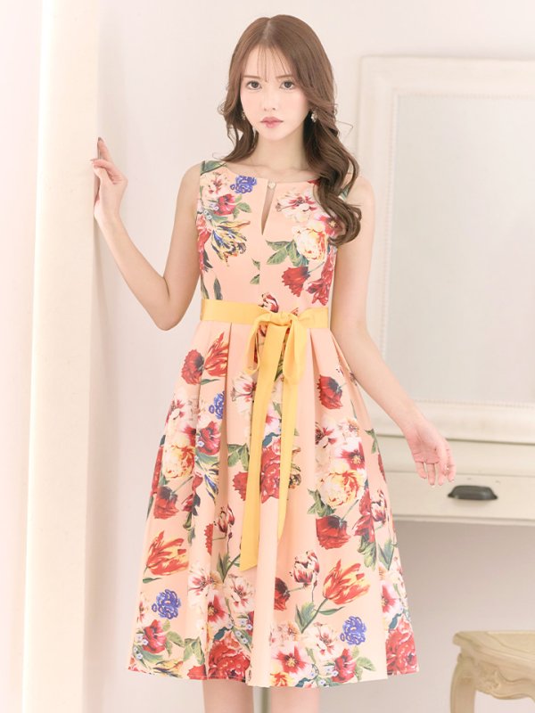 画像5: XS-Lサイズあり【SETTAN/セッタン】フラワープリント/ リボンベルト/ バストカットデザイン/ ノースリーブ/ Aライン/ フレア/ ミディアム丈/ ワンピース/ キャバドレス[OF2] (5)