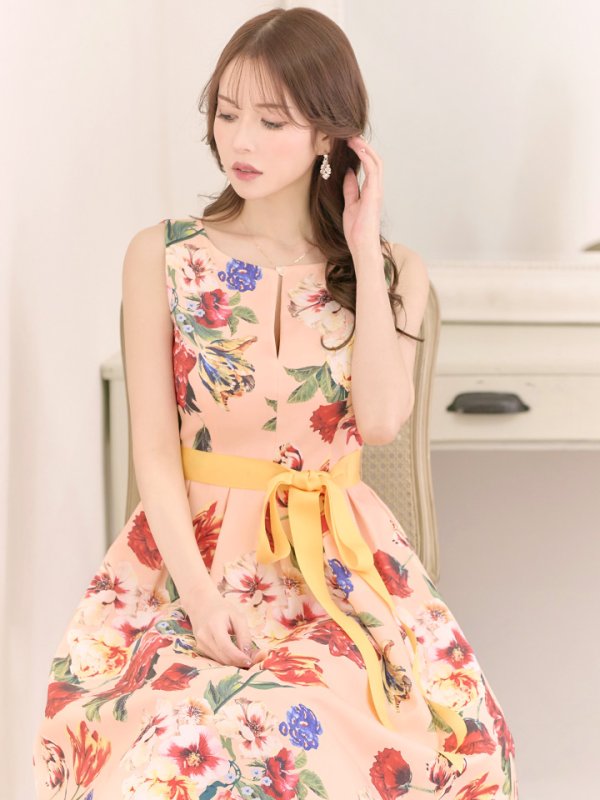 画像6: XS-Lサイズあり【SETTAN/セッタン】フラワープリント/ リボンベルト/ バストカットデザイン/ ノースリーブ/ Aライン/ フレア/ ミディアム丈/ ワンピース/ キャバドレス[OF2] (6)