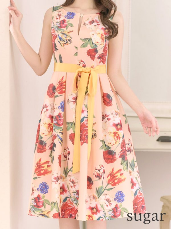 画像7: XS-Lサイズあり【SETTAN/セッタン】フラワープリント/ リボンベルト/ バストカットデザイン/ ノースリーブ/ Aライン/ フレア/ ミディアム丈/ ワンピース/ キャバドレス[OF2] (7)