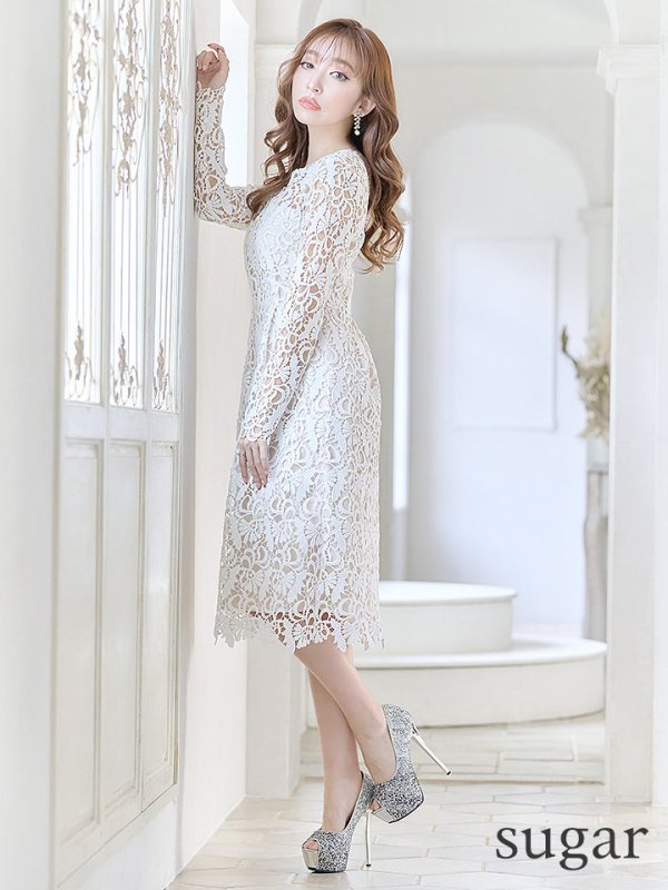 画像7: 【SETTAN/セッタン】総レース/ 長袖/ Aライン/ ひざ丈/ 袖あり/ ミディアム丈/ ワンピース/ ミニドレス/ キャバドレス[OF2] (7)