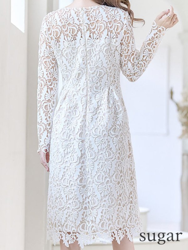 画像9: 【SETTAN/セッタン】総レース/ 長袖/ Aライン/ ひざ丈/ 袖あり/ ミディアム丈/ ワンピース/ ミニドレス/ キャバドレス[OF2] (9)