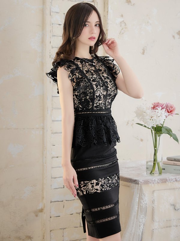 画像11: XS-Lサイズあり【SETTAN/セッタン】ペプラム/ フラワーレース/ ノースリーブ/ ミディアム丈/ タイト/ ワンピースドレス/ キャバドレス[OF2] (11)