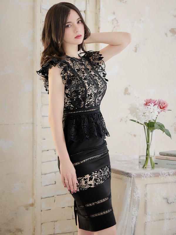 画像13: XS-Lサイズあり【SETTAN/セッタン】ペプラム/ フラワーレース/ ノースリーブ/ ミディアム丈/ タイト/ ワンピースドレス/ キャバドレス[OF2] (13)